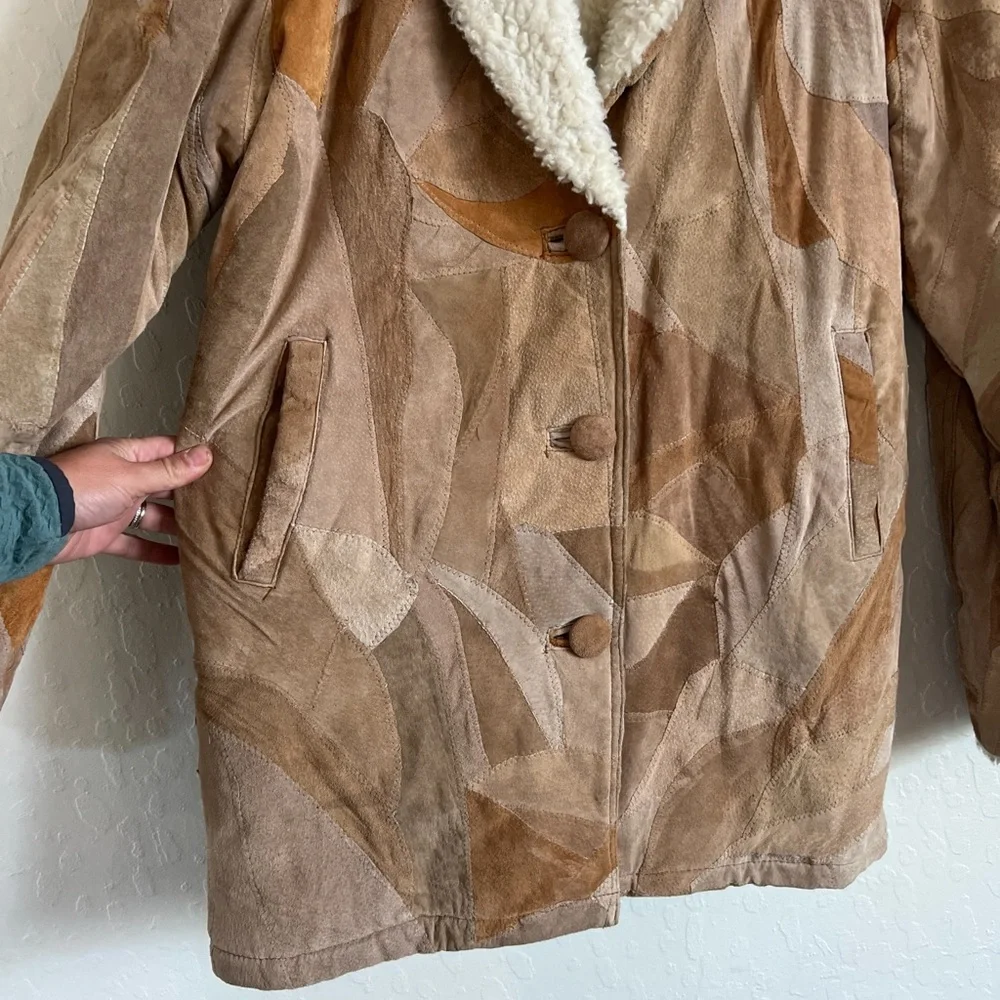 Vintage Suede Leather Patchwork Faux Fur Fleece Lined Hooded Jacket Small Y2K